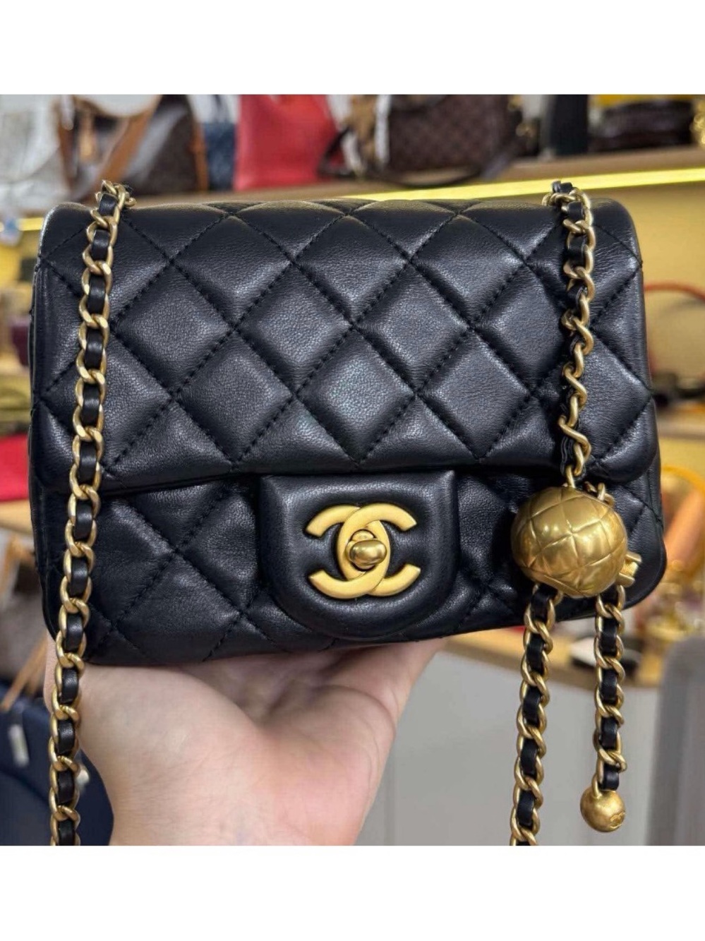 CHANEL Black Quilted Lambskin Pearl Crush Flap Bag GHW Crossbody Bag